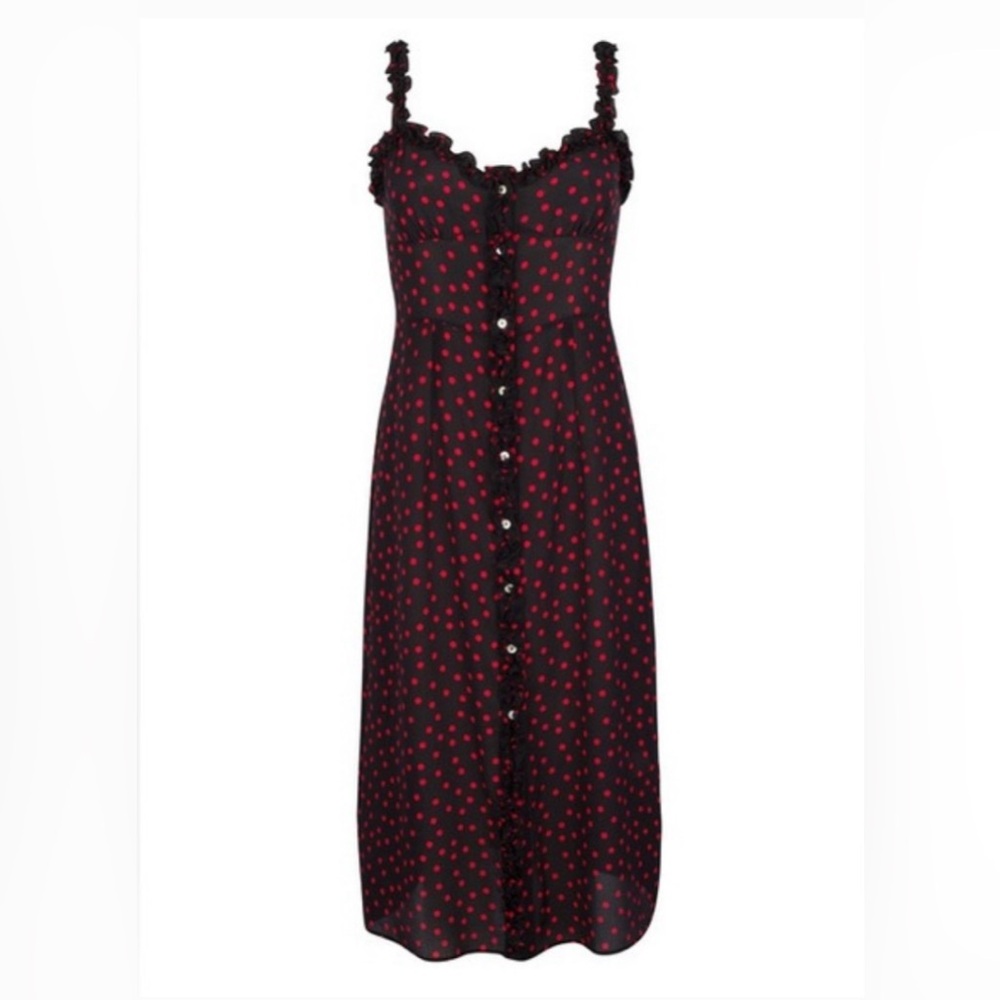 Reformation Par Black Midi Dress with Red Polka Dots